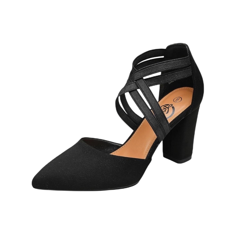 NWOT Trary Black Faux Suede‎ Pointed Toe Crisscross Strappy Block Heels 6